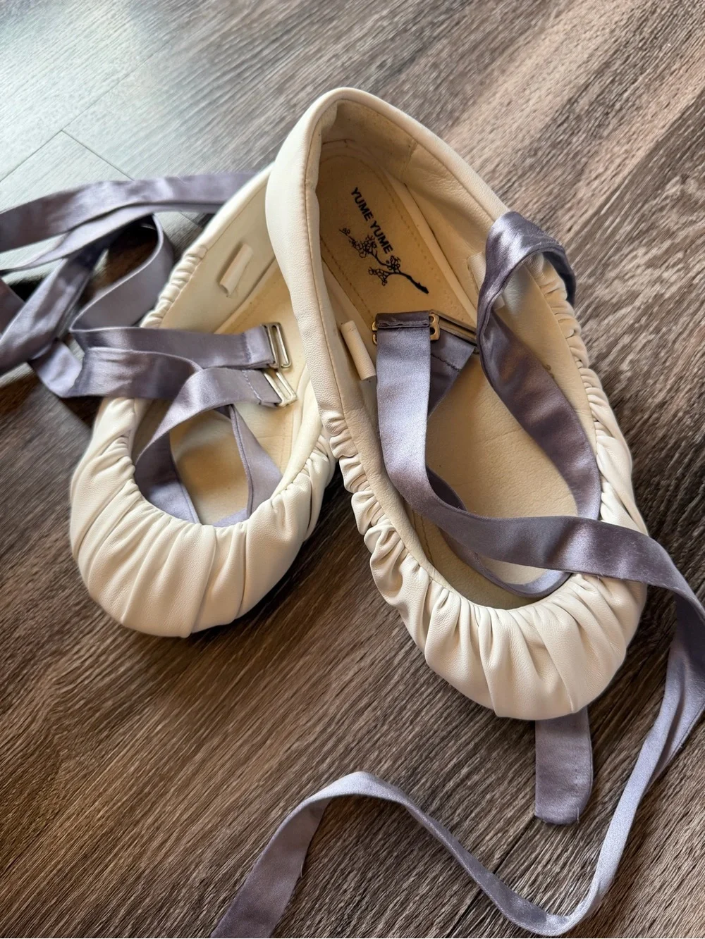 Yume Yume Cream Ballet Flats with Gray Satin Ribbon